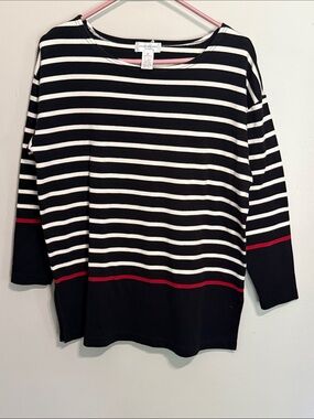 Jones New York Black and White Striped Long-Sleeve Top with Red Accent